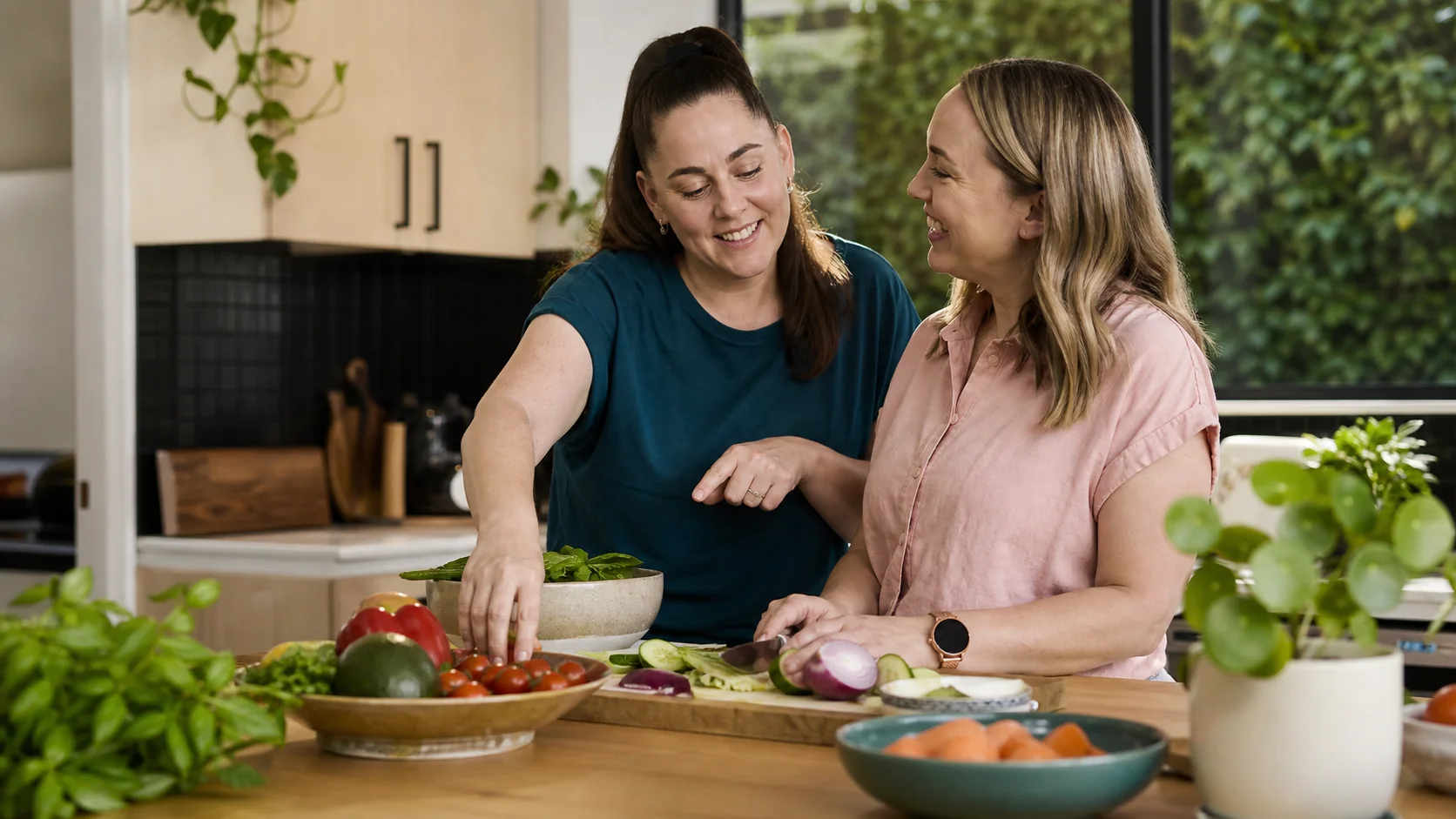 Two adults preparing a healthy meal together at home